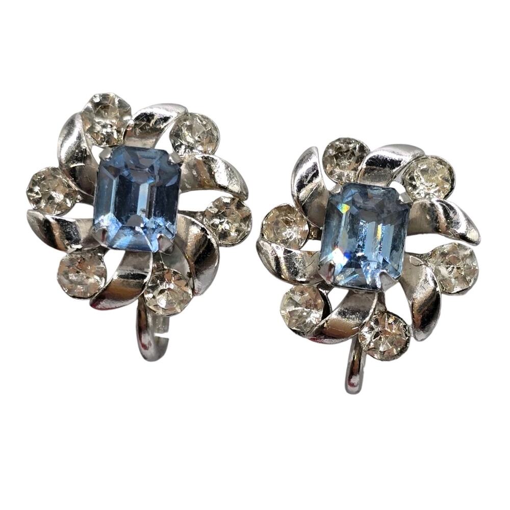 Earrings Vintage Coro Blue Emerald Cut Glass Small Clear Rhinestones MCM 40s 50s